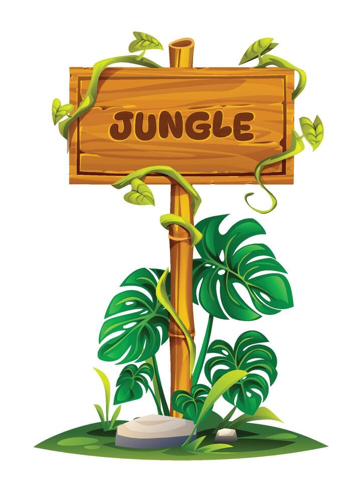 Wooden jungle sign with tropical leaves and bamboo post covered with vines. Cartoon illustration vector
