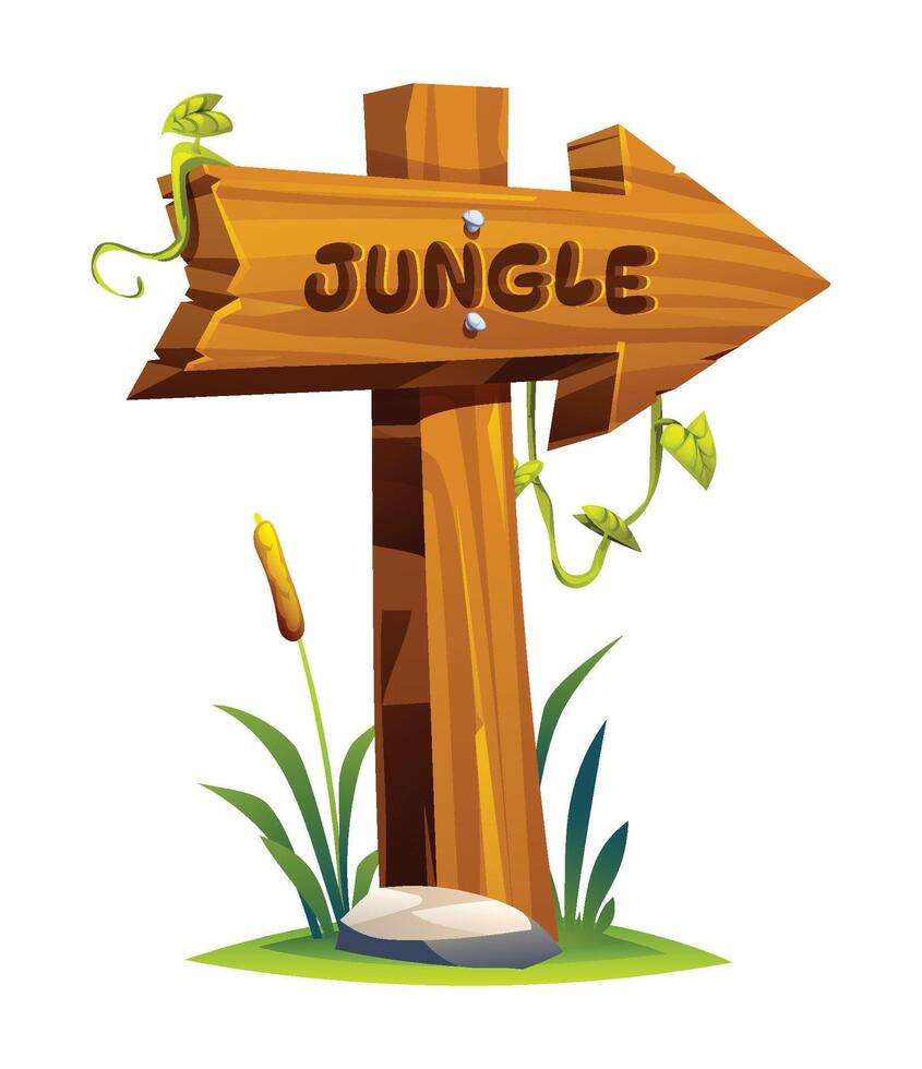 Wooden jungle signpost with vines and grass, placed on a lush green base. Cartoon illustration vector