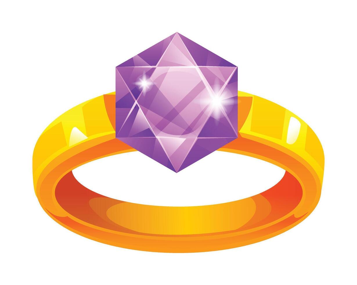 Golden ring with sparkling purple gemstone, perfect for elegant designs. Cartoon illustration vector