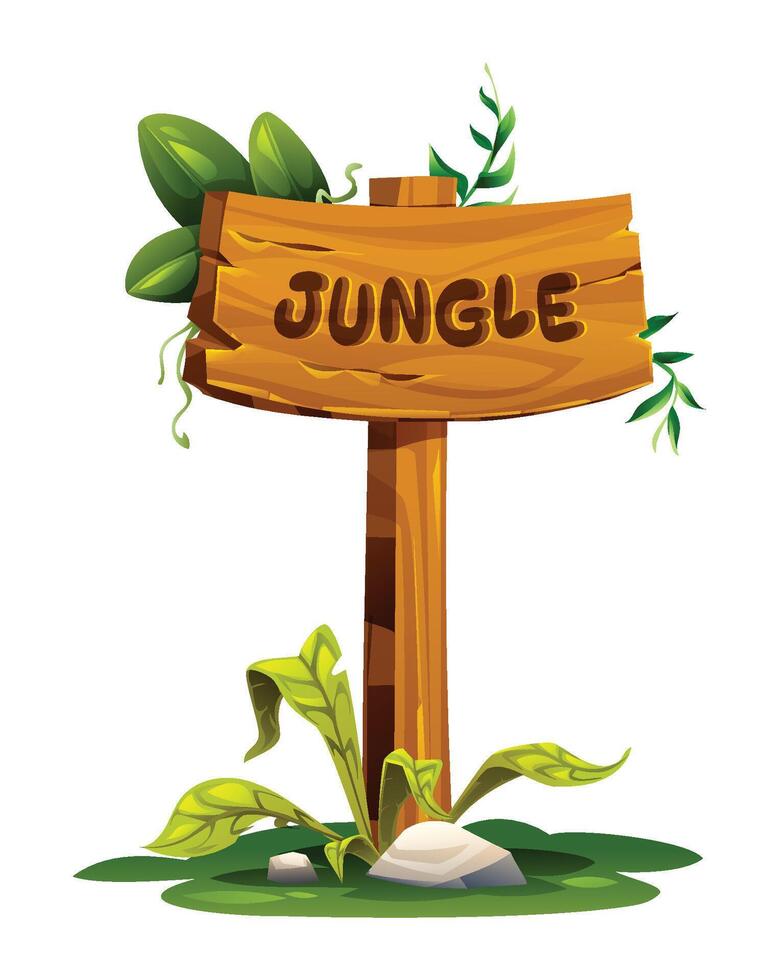 Rustic jungle sign with tropical leaves and natural wooden structure. Cartoon illustration vector