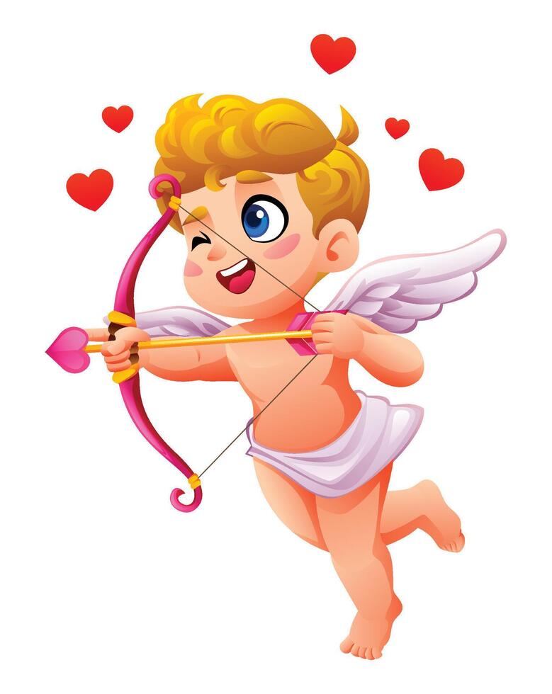 Winking cupid aiming a heart arrow surrounded by love hearts while flying. Cartoon illustration vector