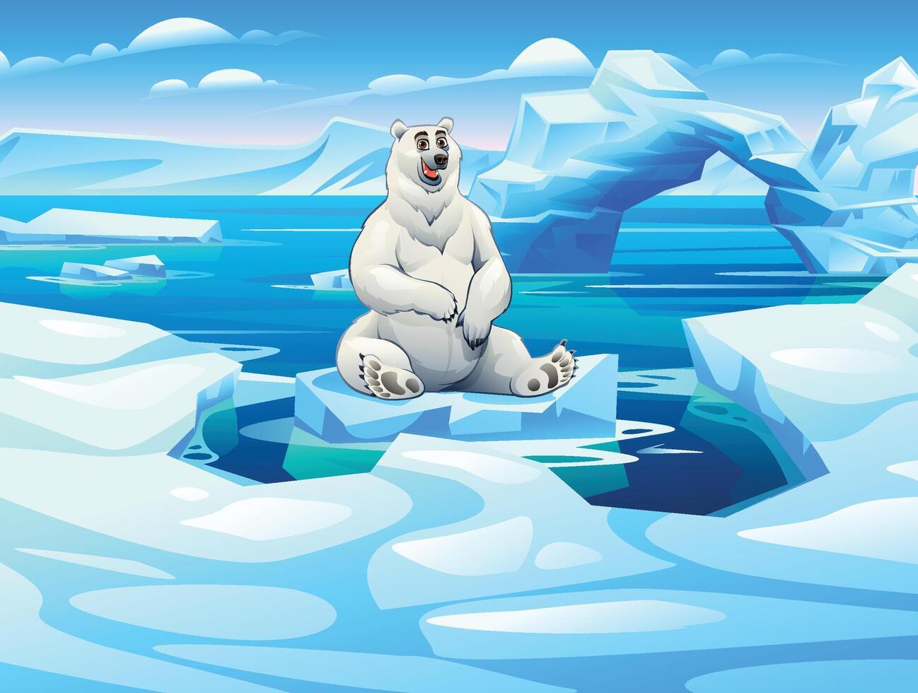 Happy polar bear sitting amidst Arctic ice formations under a sunny sky. Cartoon illustration vector