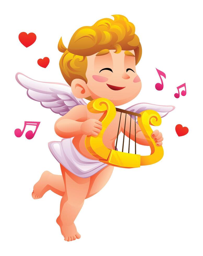 Cute flying cupid smiling while playing a golden harp surrounded by music notes and love hearts. Cartoon illustration vector