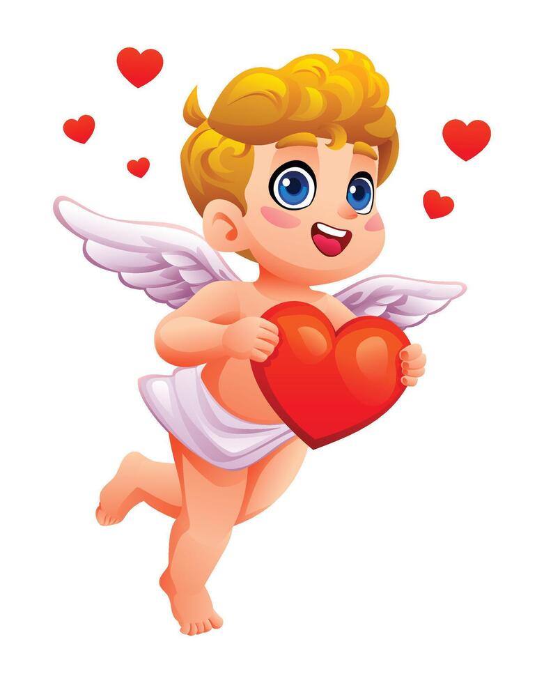 Cute cupid holding a big red heart while flying with hearts around. Cartoon character illustration vector