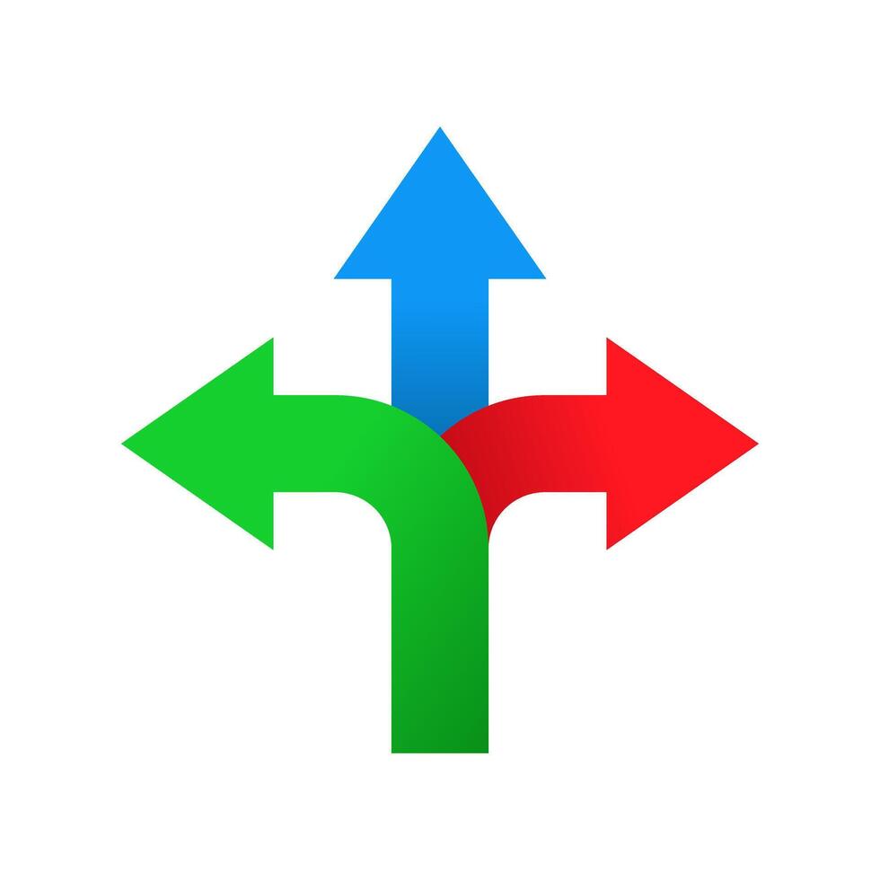 Three way direction arrow icon in flat design. 3 arrowheads sign symbol vector