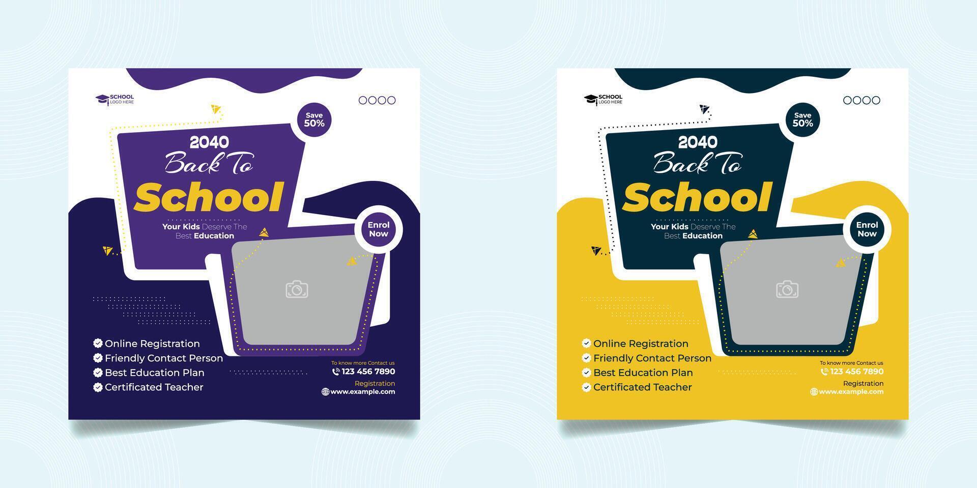 Kids school admission social media post and back to school web banner higher education square flyer study abroad poster template vector