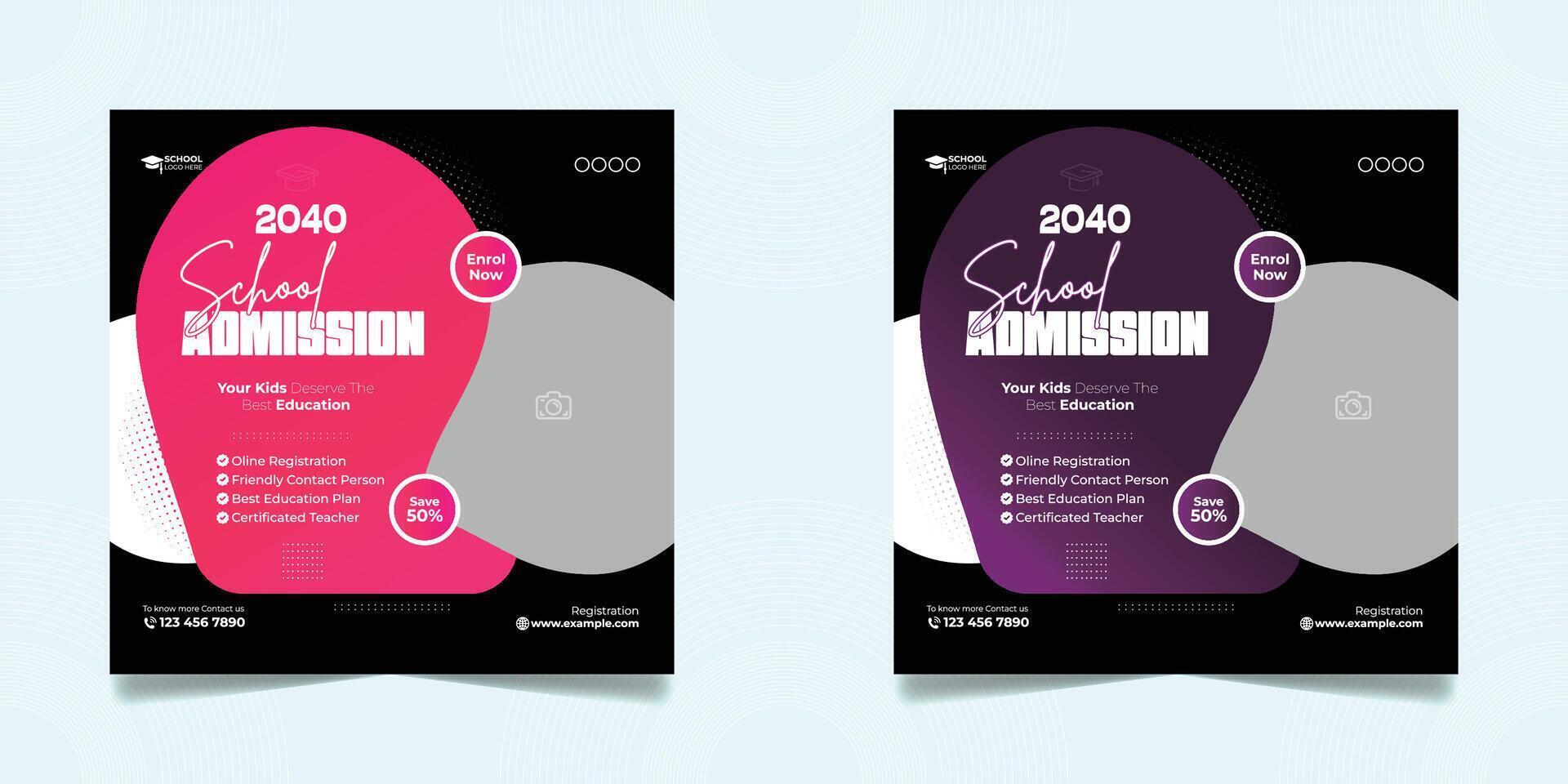 School admission or education social media pack template, School Admission social media post, Back to school admission social media post, promotional vector