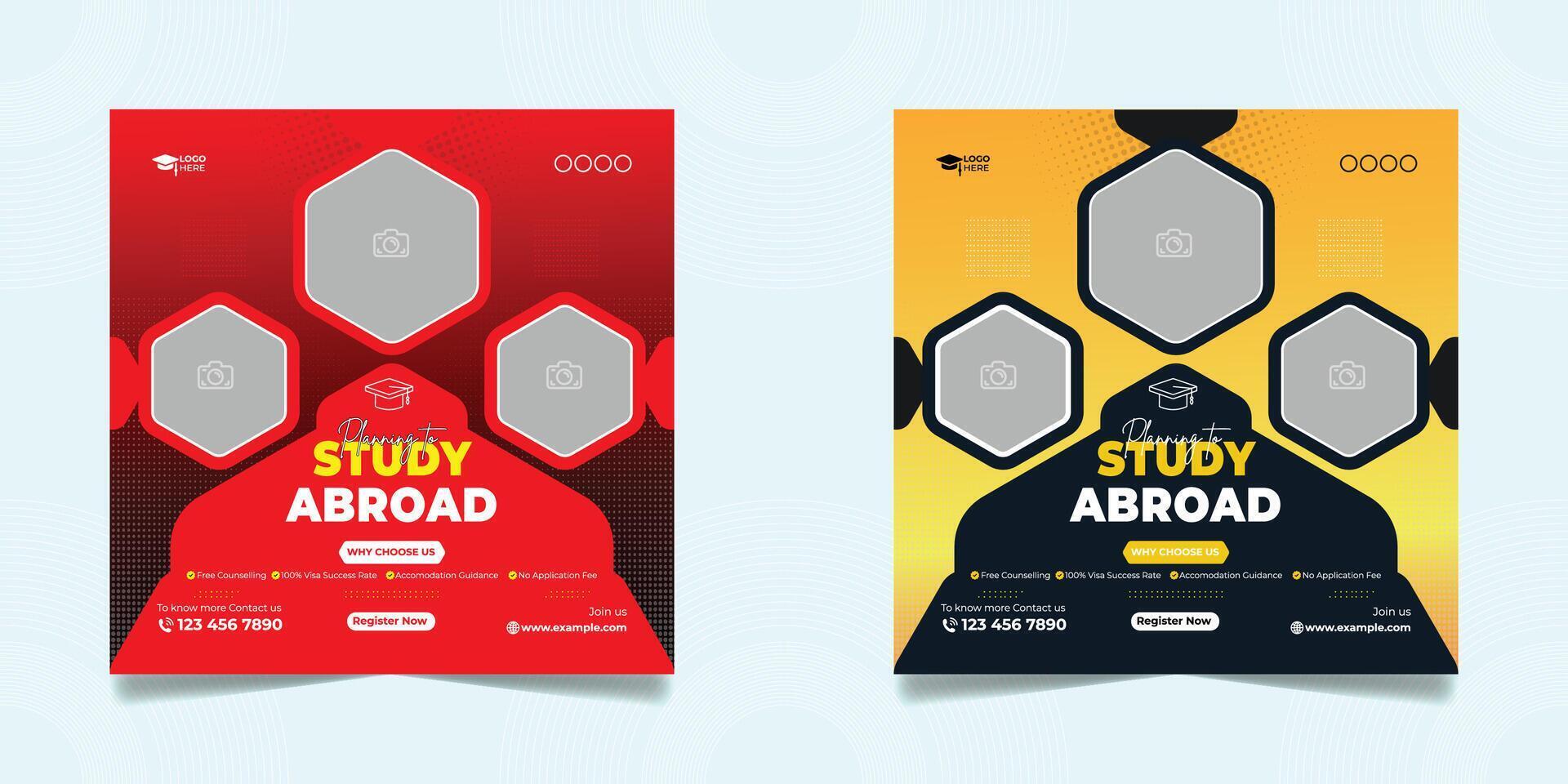 Study abroad social media post banner design, education social media post banner two design set. school admission promotion banner. school vector