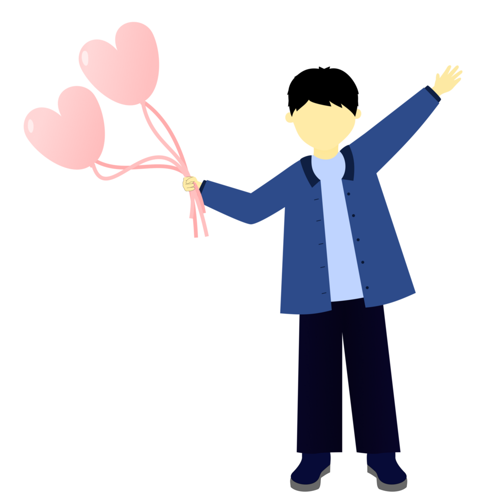 boy wear blue jacket holding two love balloon illustration png