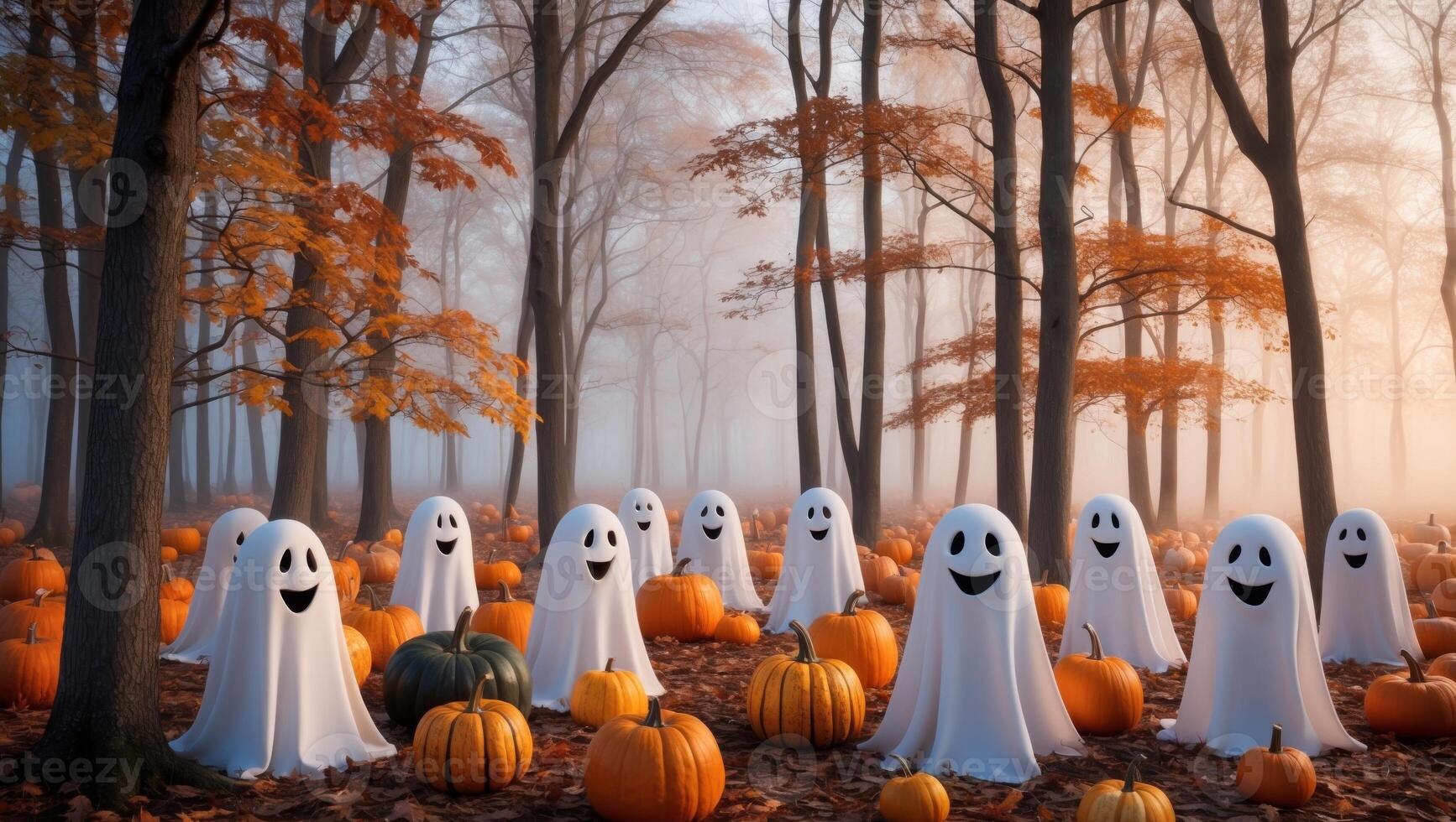 Halloween ghost pumpkins in the forest photo