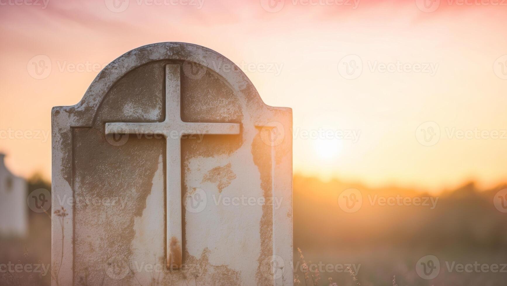 A grave with a cross on it in the grass photo