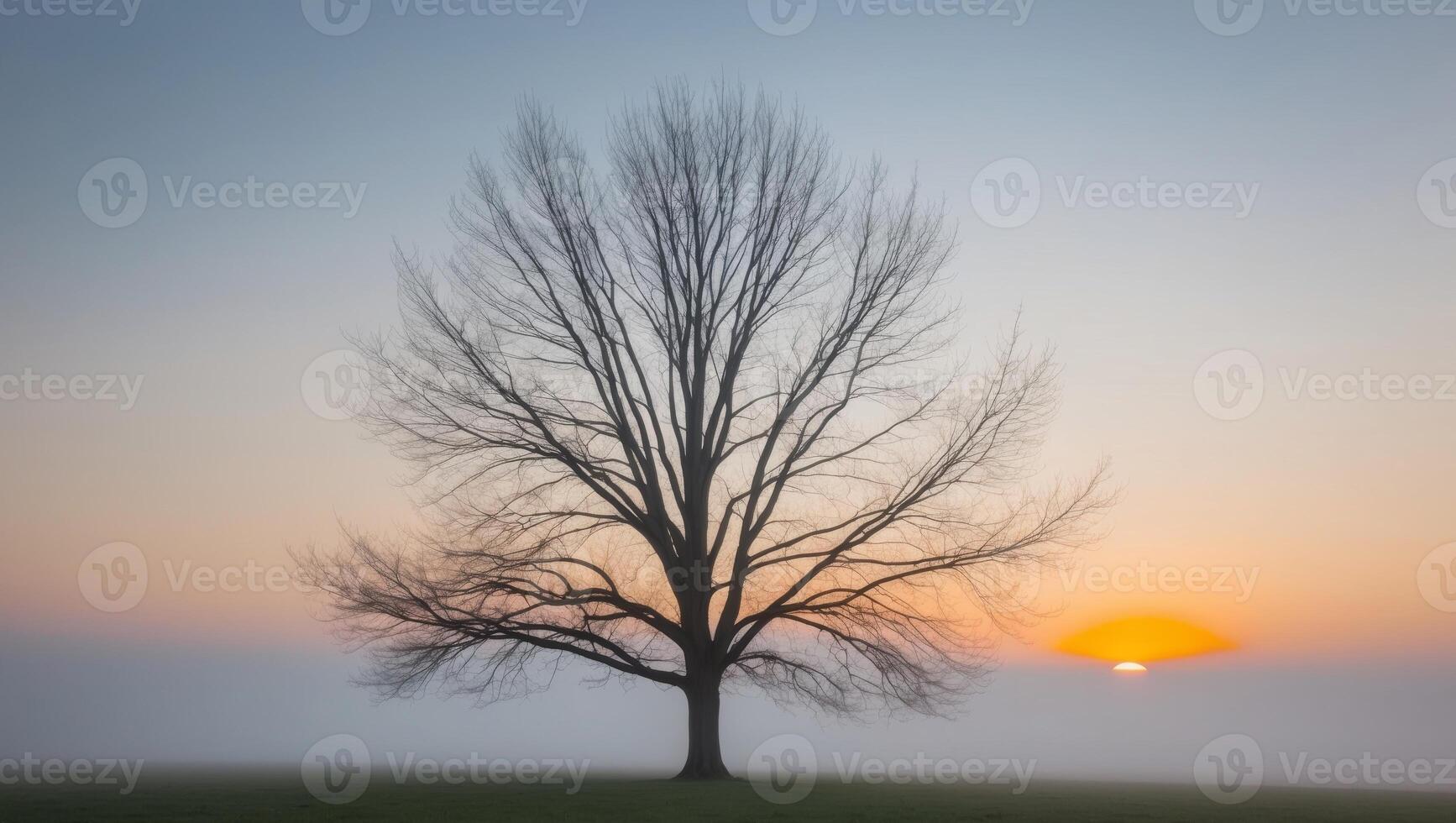 A tree is silhouetted against the sun in the fog photo