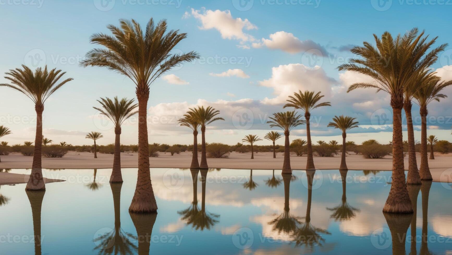 Palm trees in the desert with water and sky photo