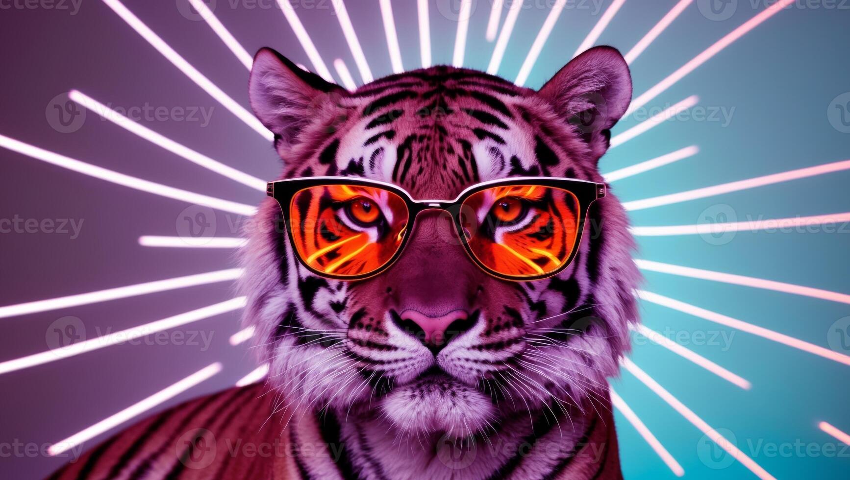 A tiger wearing sunglasses and a neon background photo