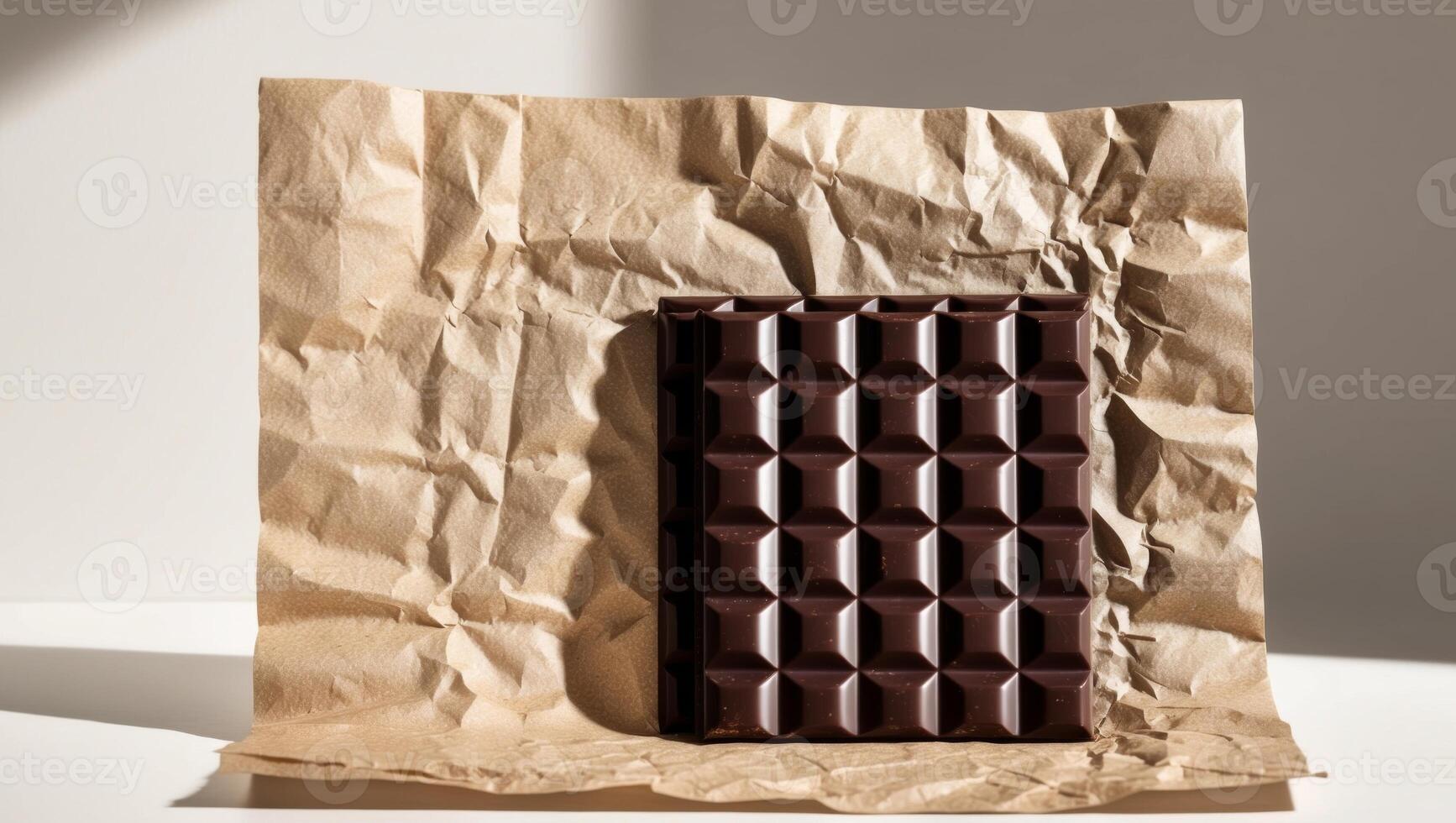 A chocolate bar sitting on top of a piece of brown paper photo