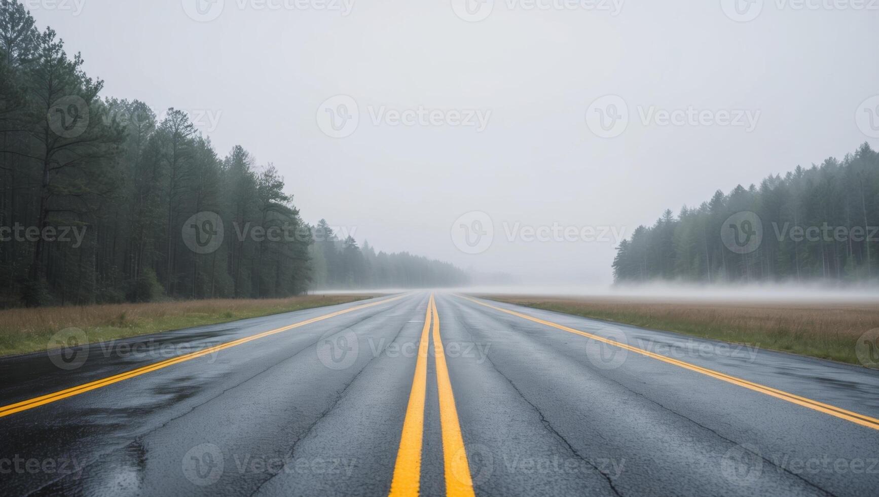 An empty road with yellow lines on it photo
