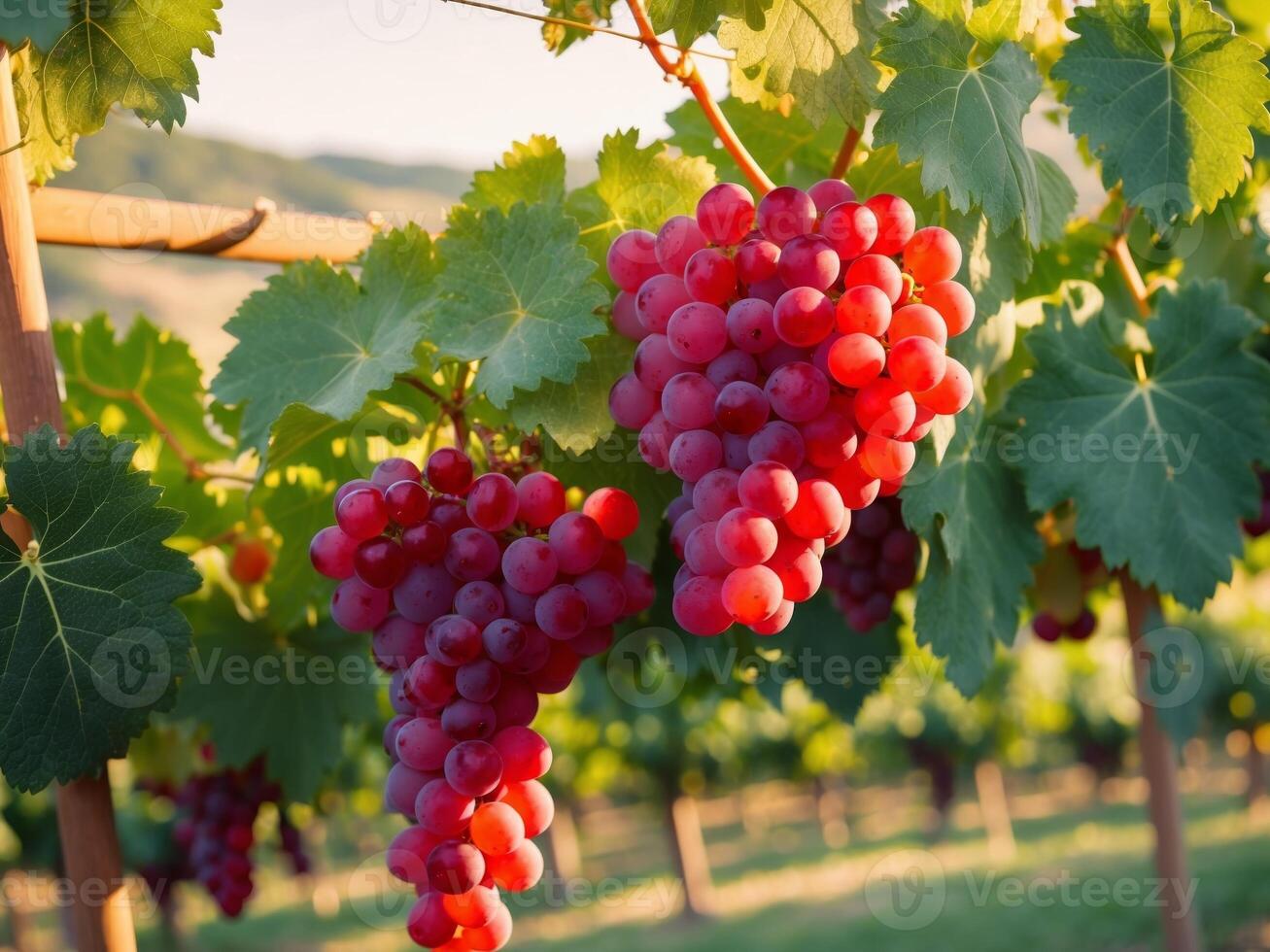 Red grapes hanging on a vine in a vineyard photo