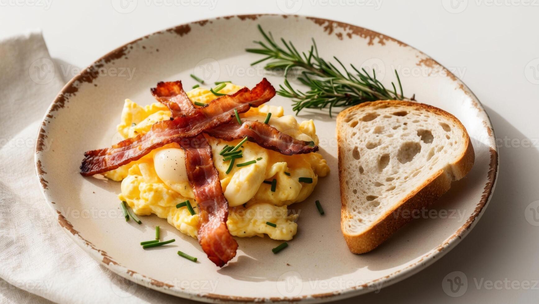 Scrambled eggs with bacon and bread on a plate photo