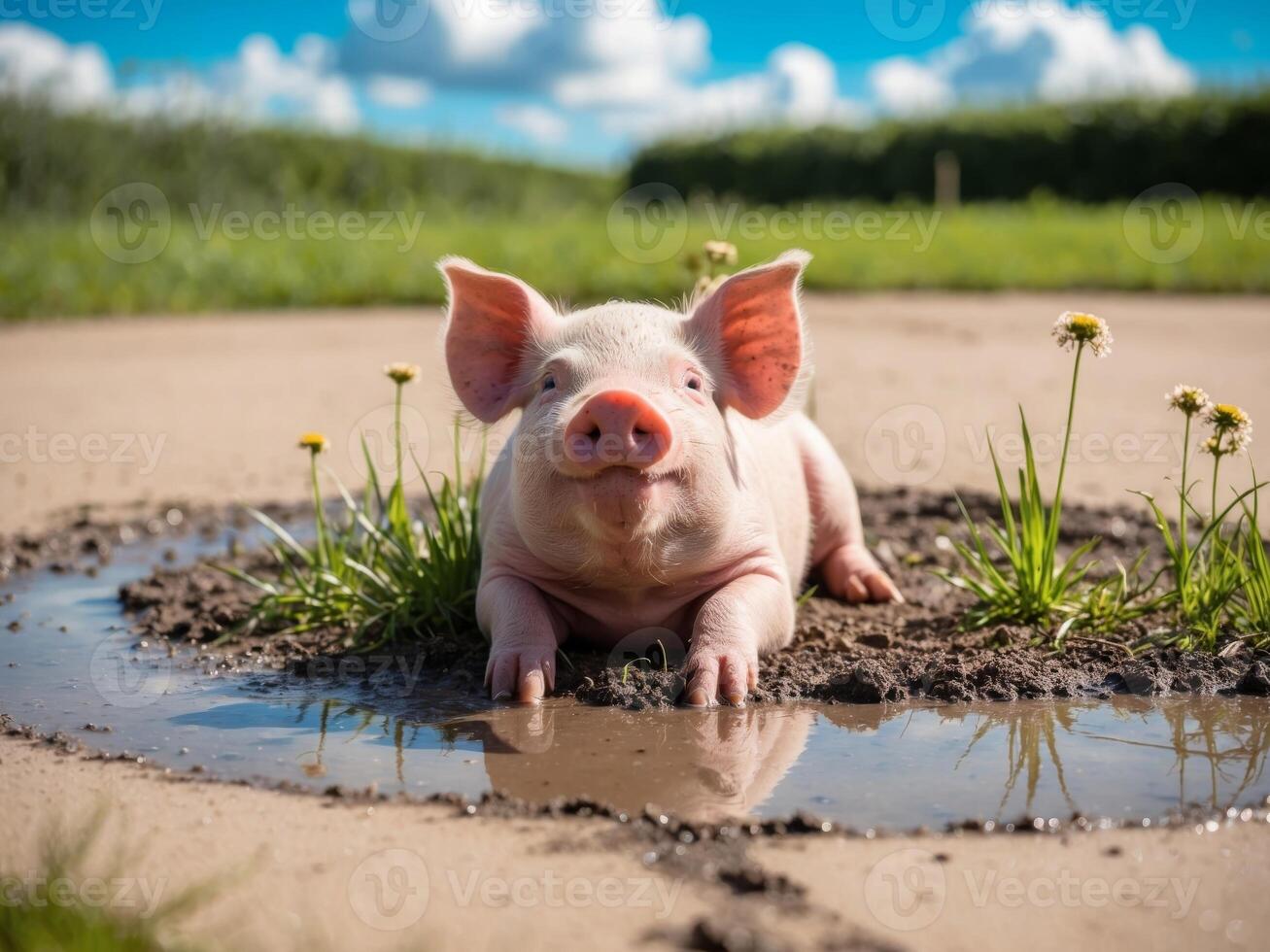 A pig sitting in a puddle of water photo