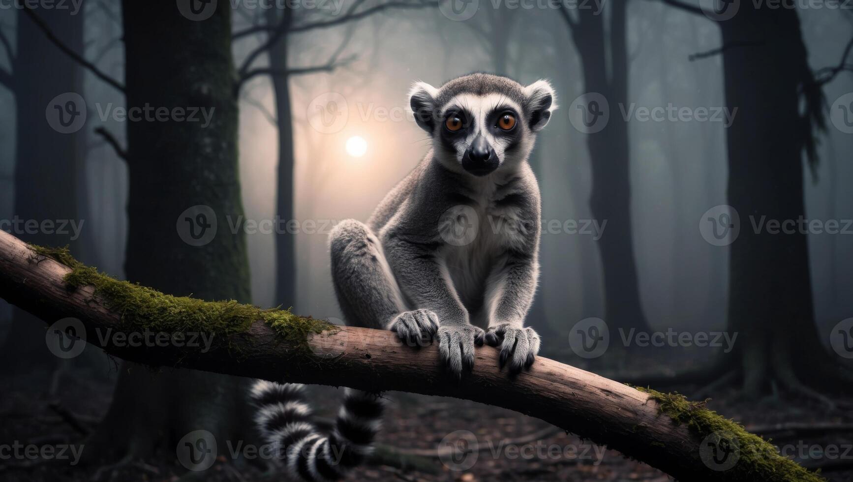A lemur sits on a branch in the dark forest photo