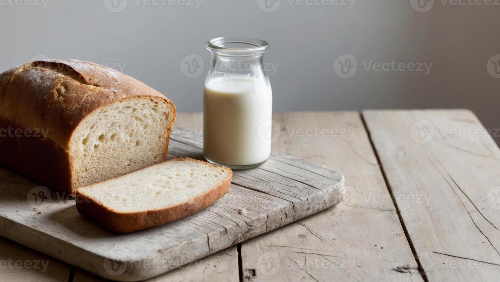 Bread and milk on a wooden board photo