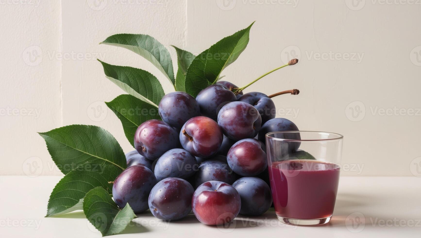 A glass of juice and plums on a table photo