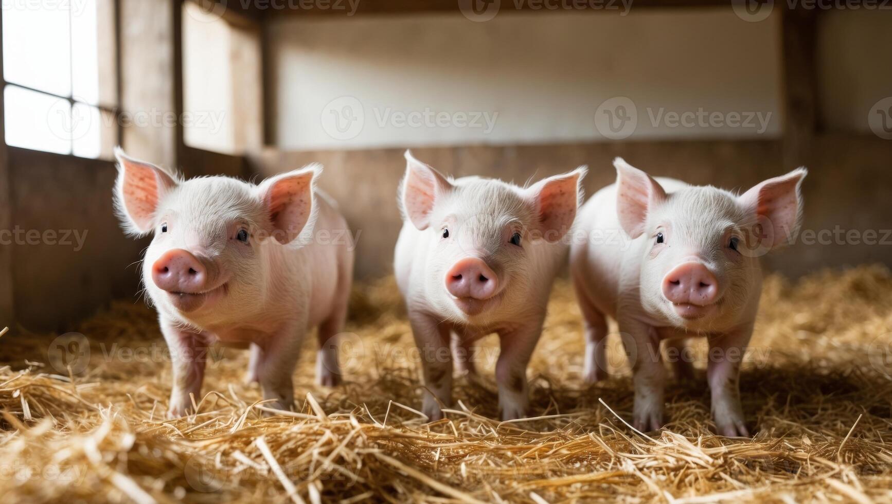 Three pigs standing in a barn with straw photo