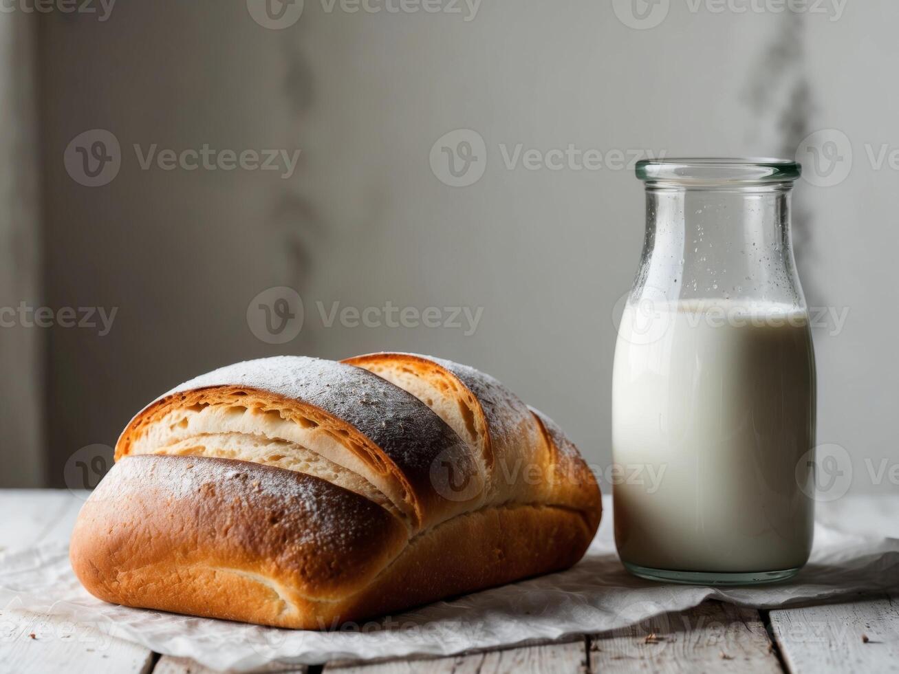 Bread and milk on a wooden table photo
