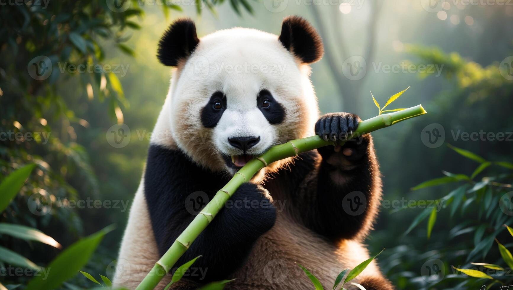 A panda bear eating bamboo in the forest photo
