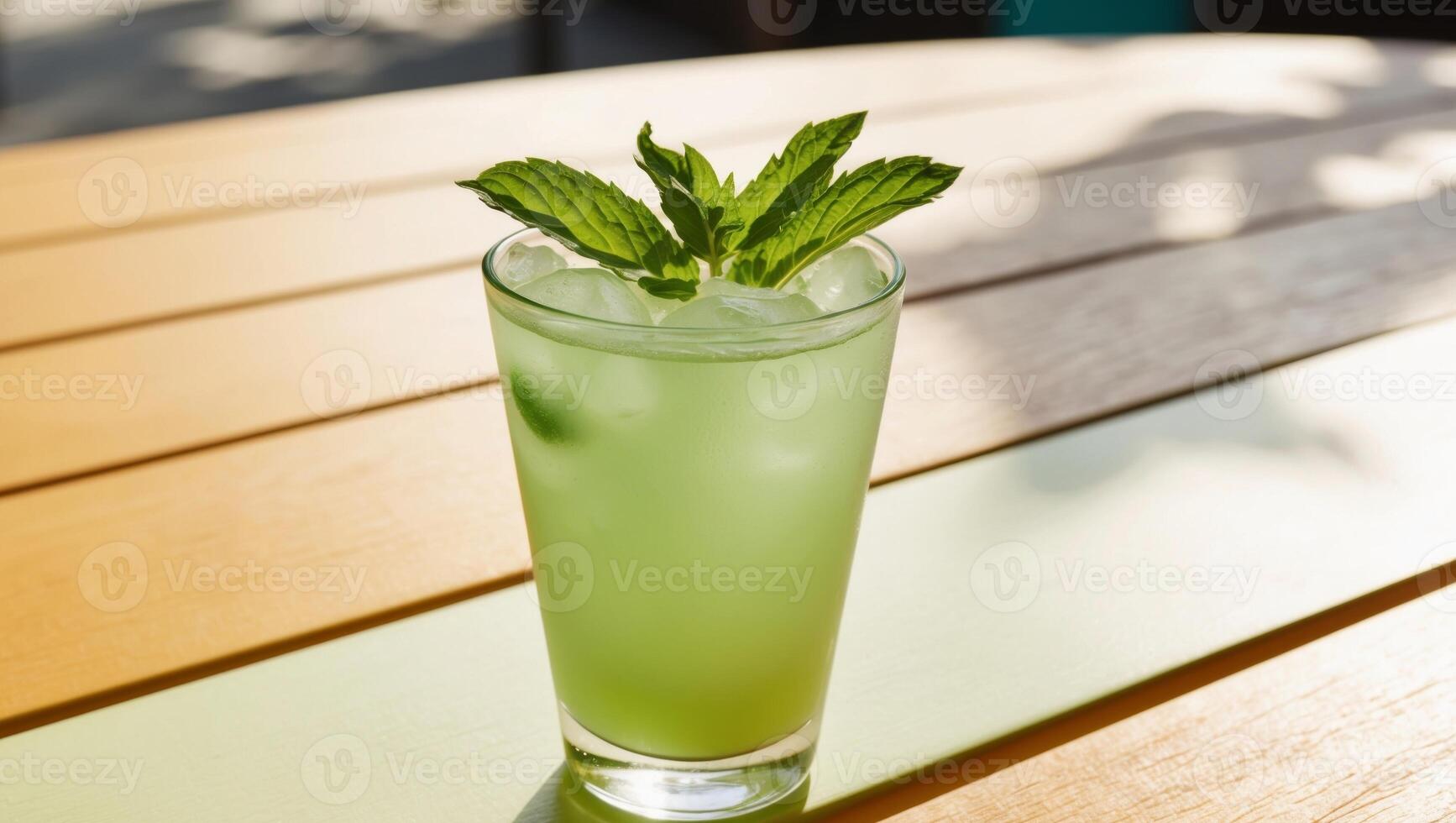 A green drink with mint leaves on top of a wooden table photo