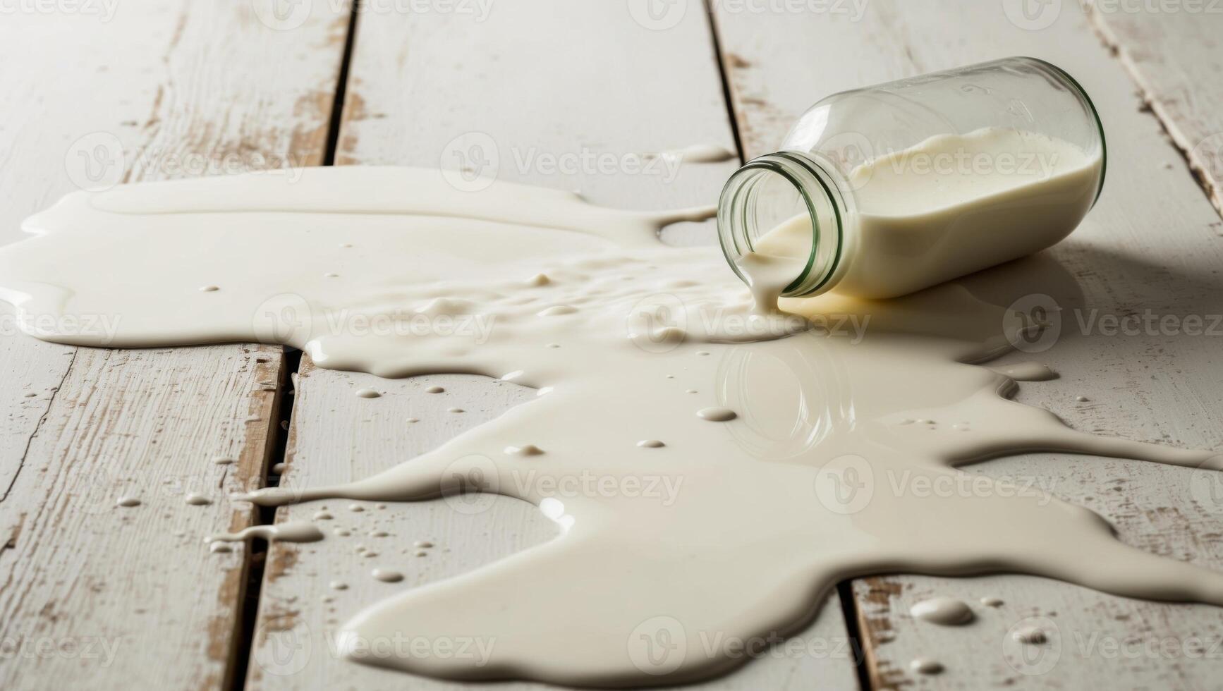 A glass jar with milk spilling on a wooden surface photo