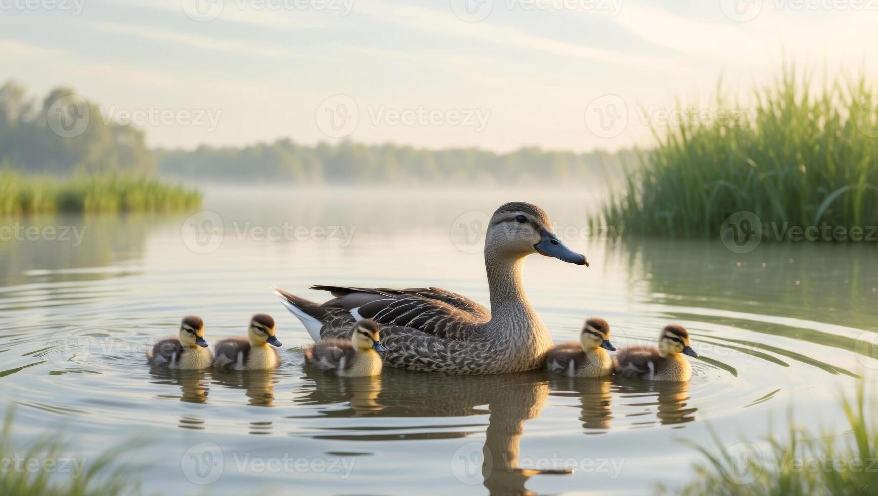 A duck family swimming in a lake with grass and reeds photo