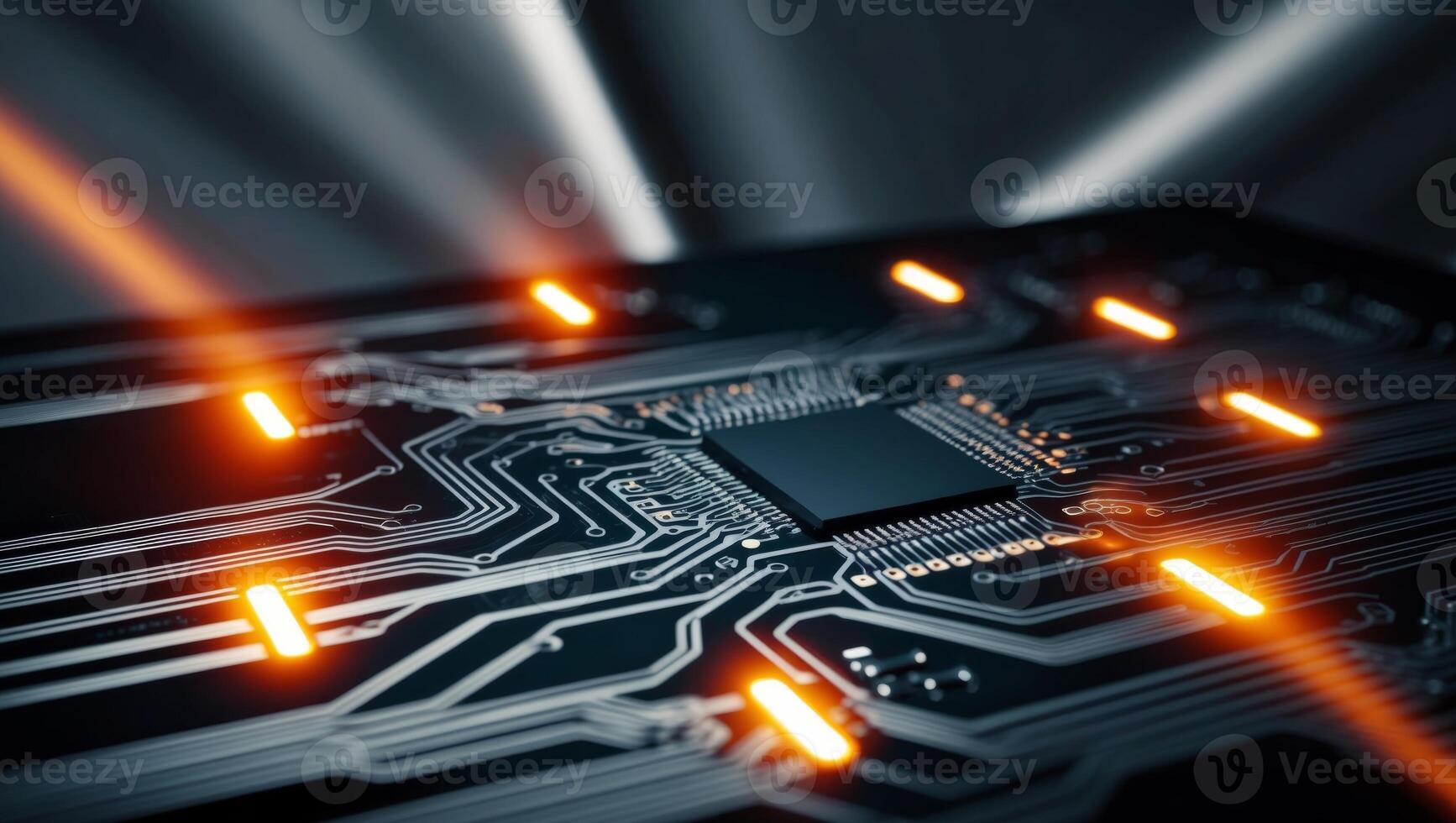 A close up of a circuit board with glowing lights photo