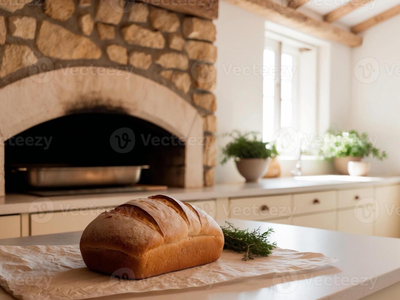 A loaf of bread sitting on a table in a kitchen photo