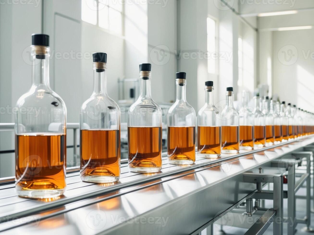 A line of bottles on a conveyor belt photo