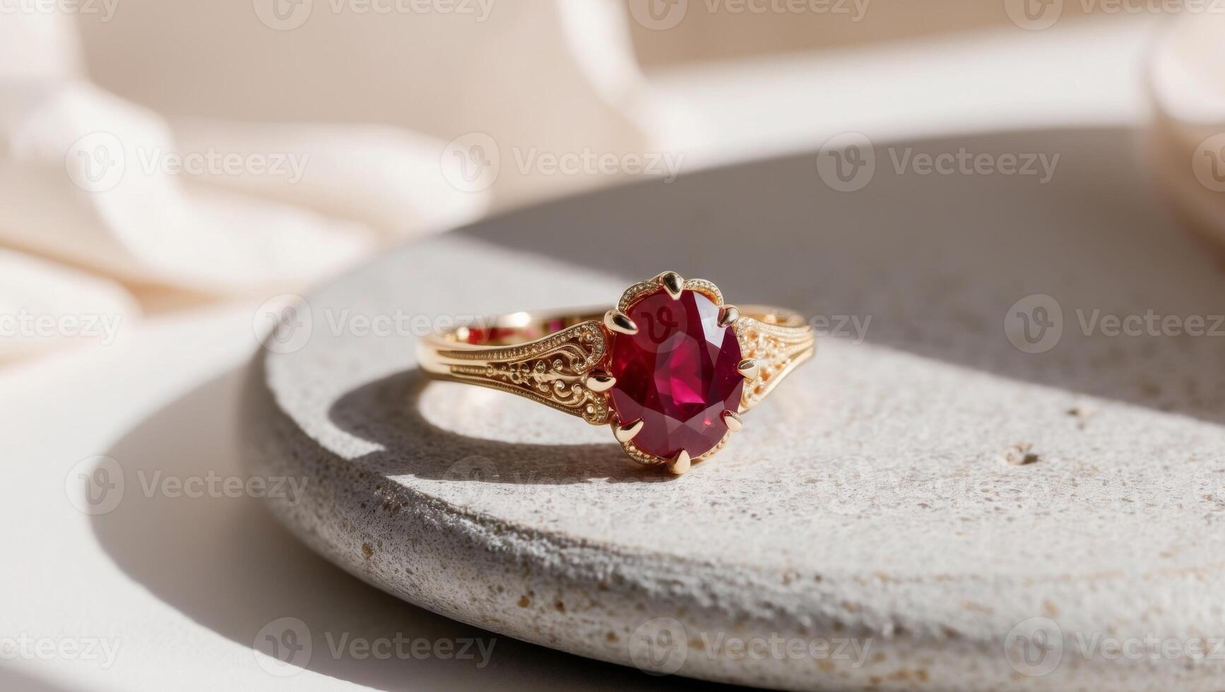A red stone ring sitting on top of a stone photo