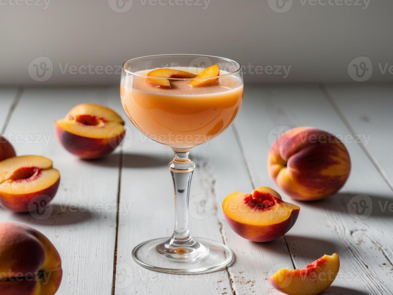A glass of peach juice on a table photo