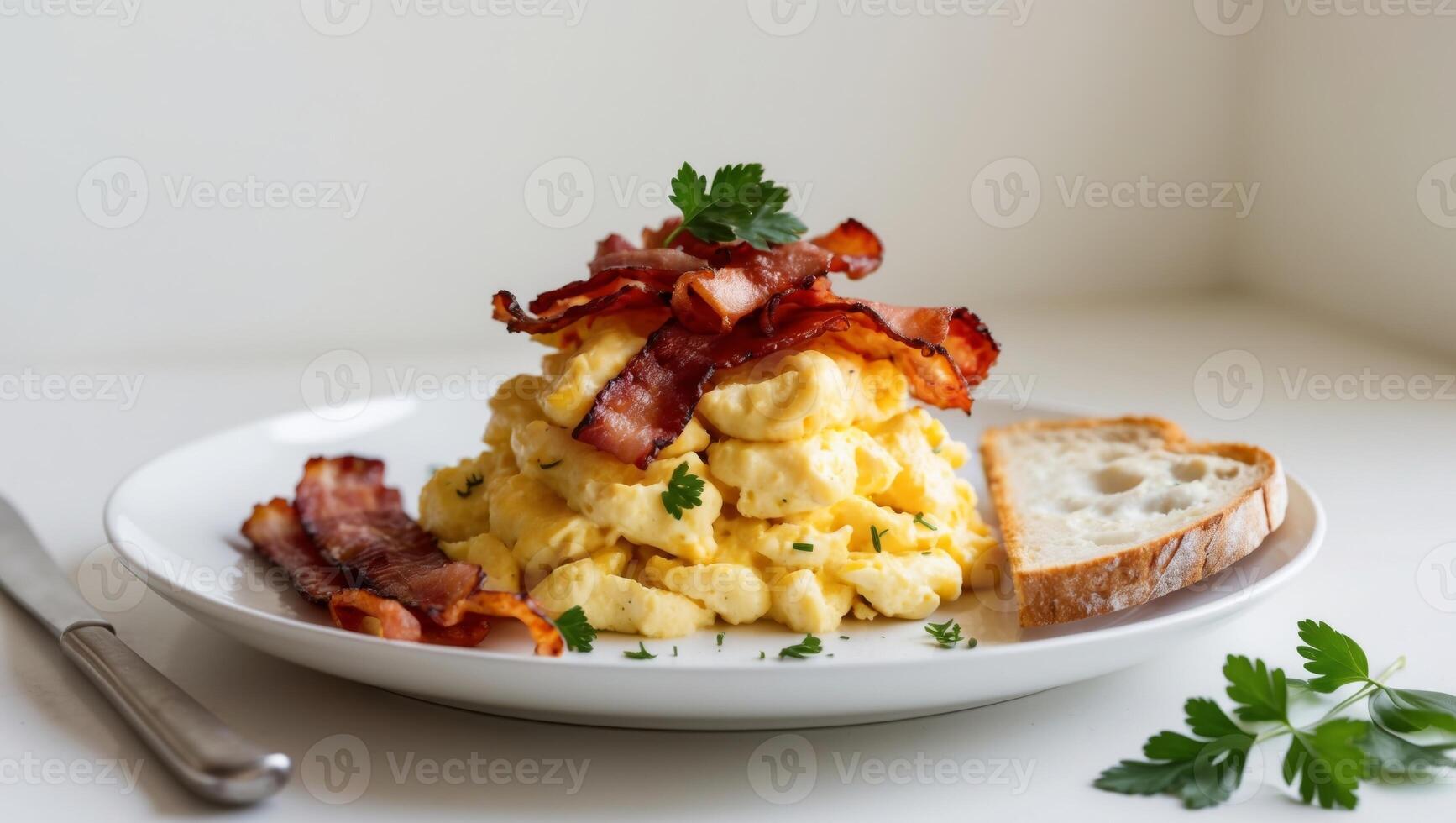 Scrambled eggs with bacon and bread photo