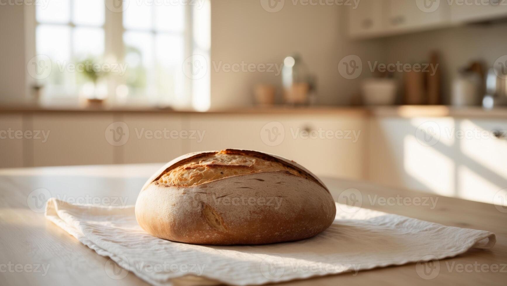Bread on a wooden table in a kitchen photo