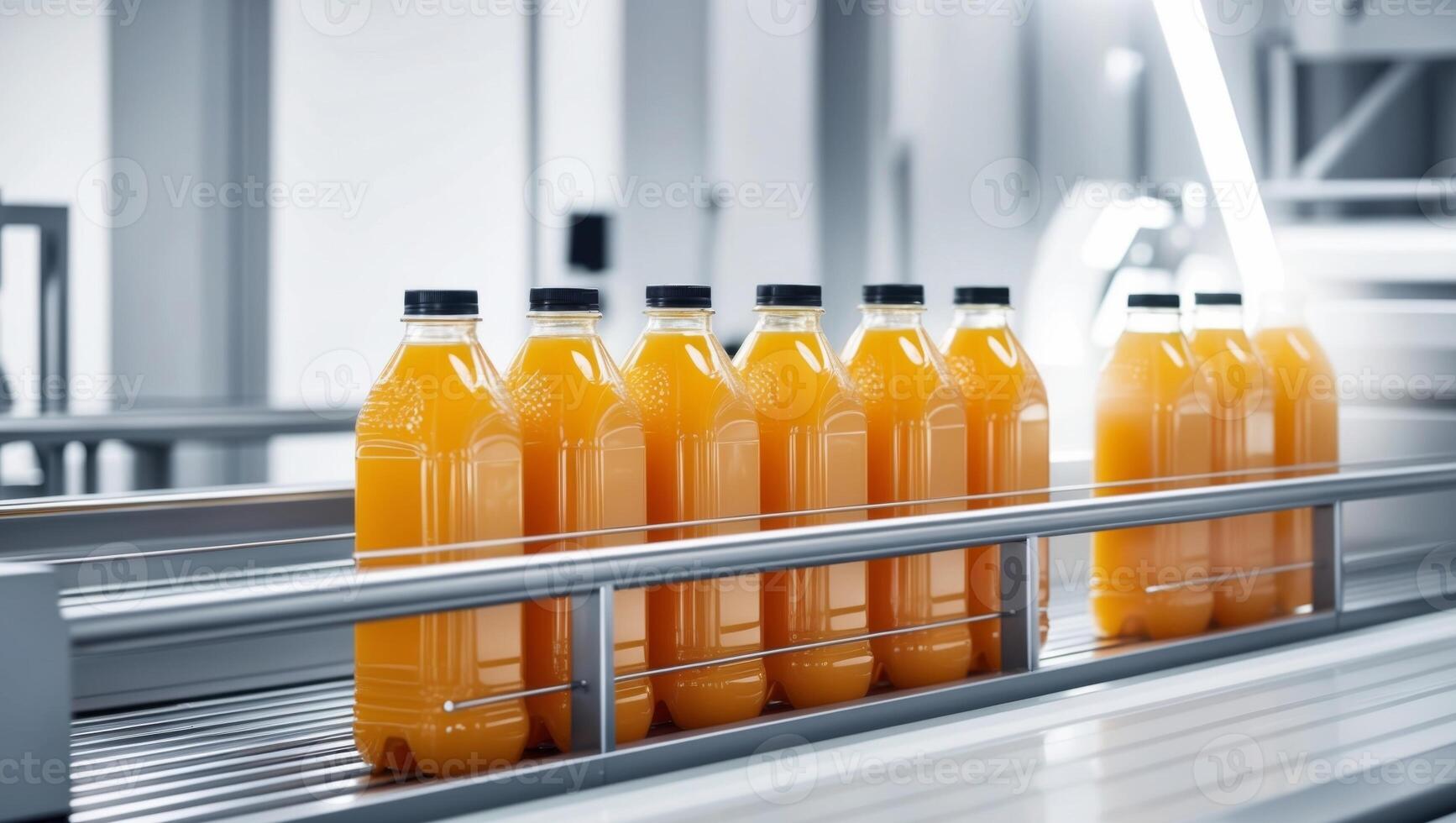 Orange juice bottles on conveyor belt in factory photo