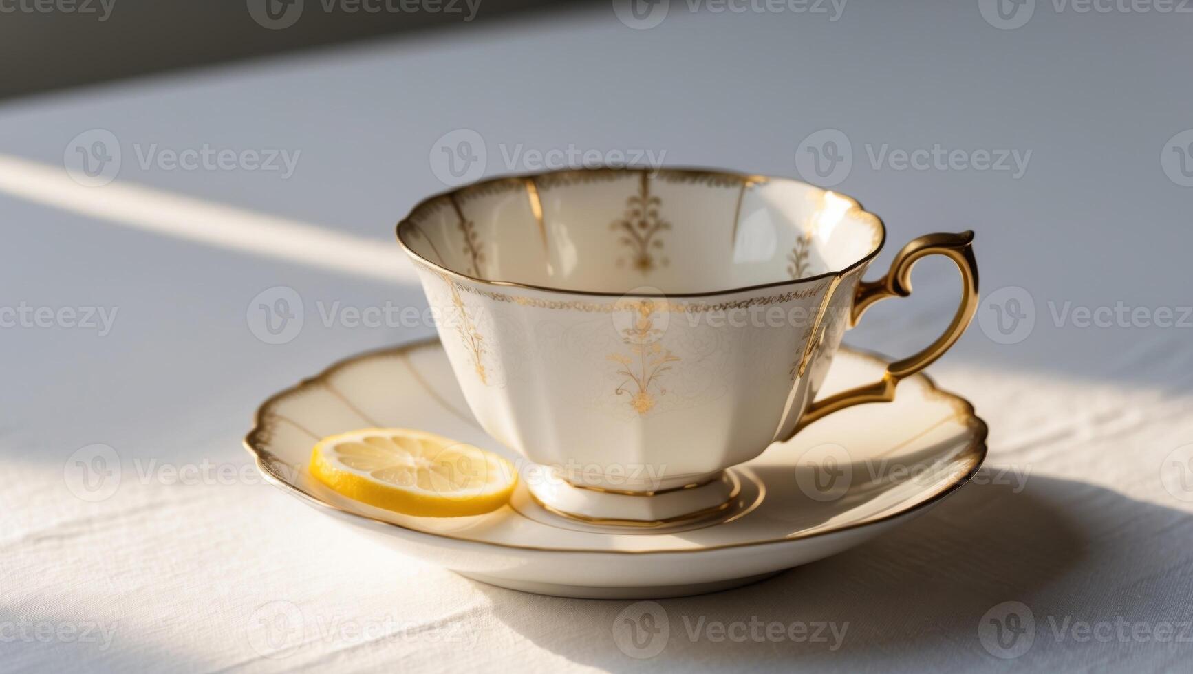 A cup and saucer with a lemon slice on top photo