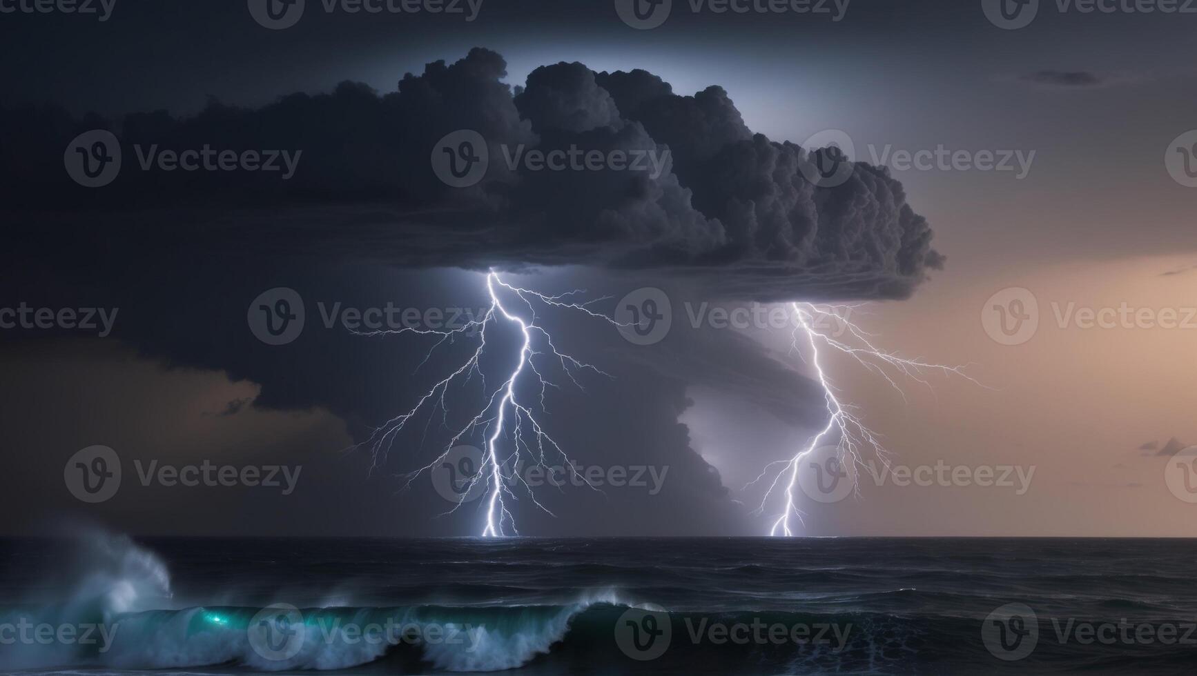 Lightning strikes over the ocean during a storm photo