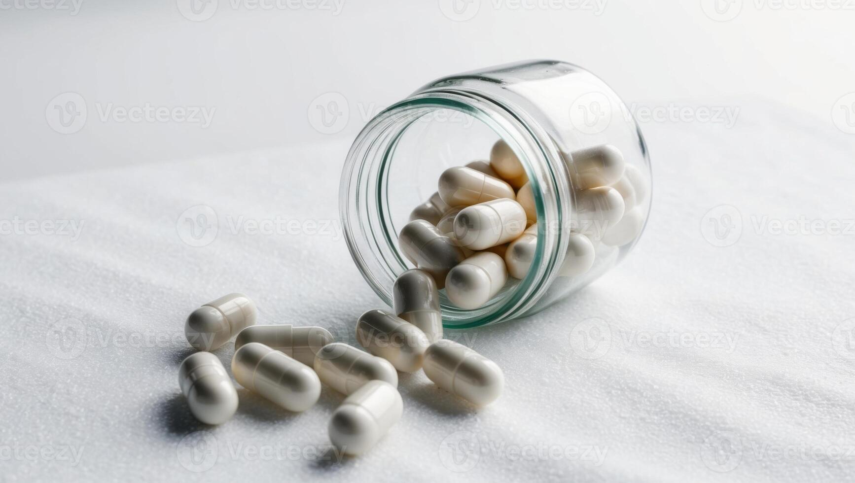 A jar filled with pills on a white surface photo