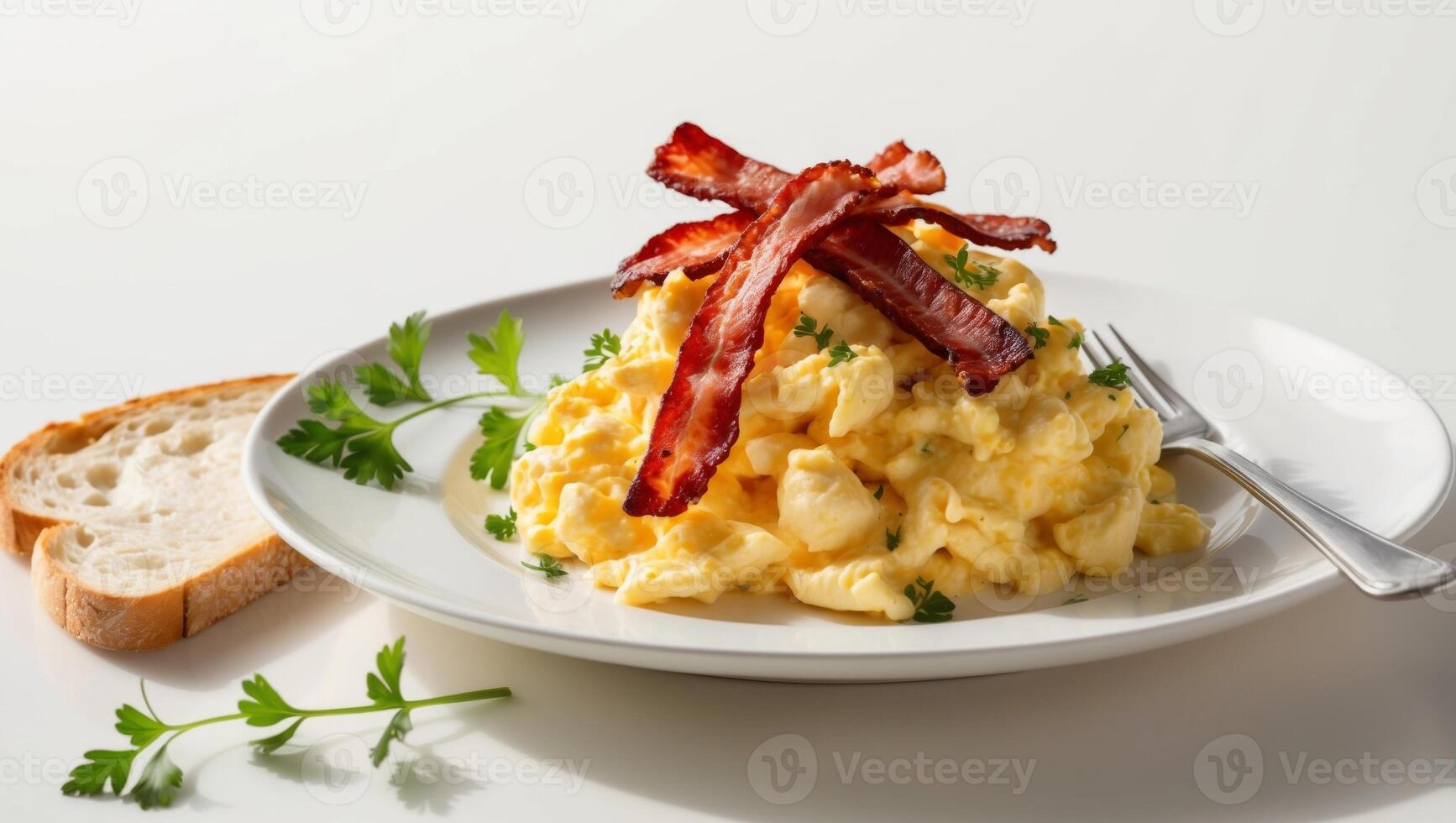 A plate of scrambled eggs with bacon on top photo