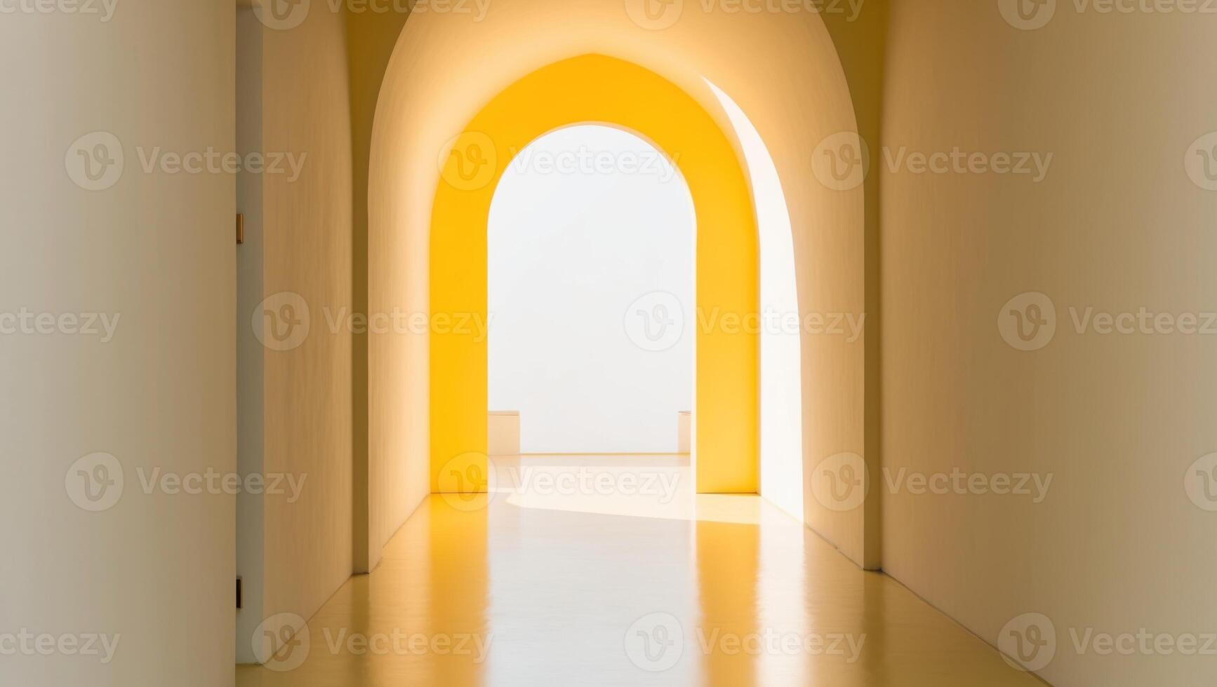 A yellow light shines through an archway in a white room photo