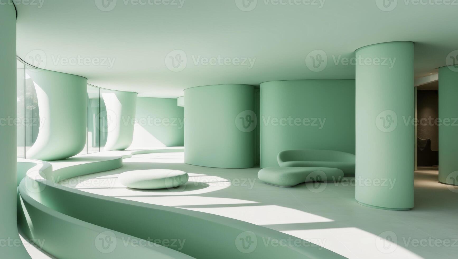 A green room with circular seating and a circular table photo