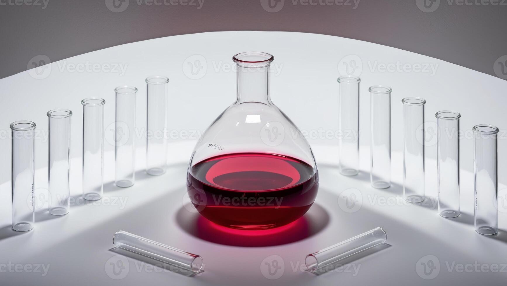 A glass bottle with red liquid sitting on top of a table photo