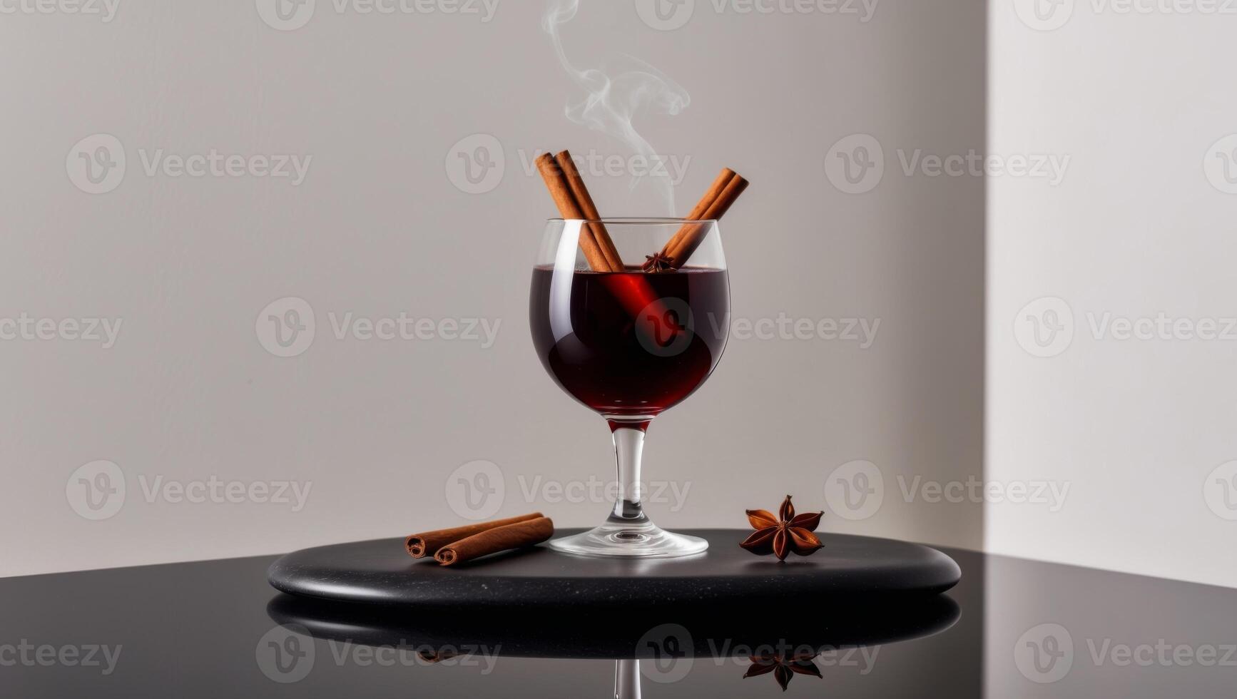 A glass of wine with cinnamon sticks and an anise star photo