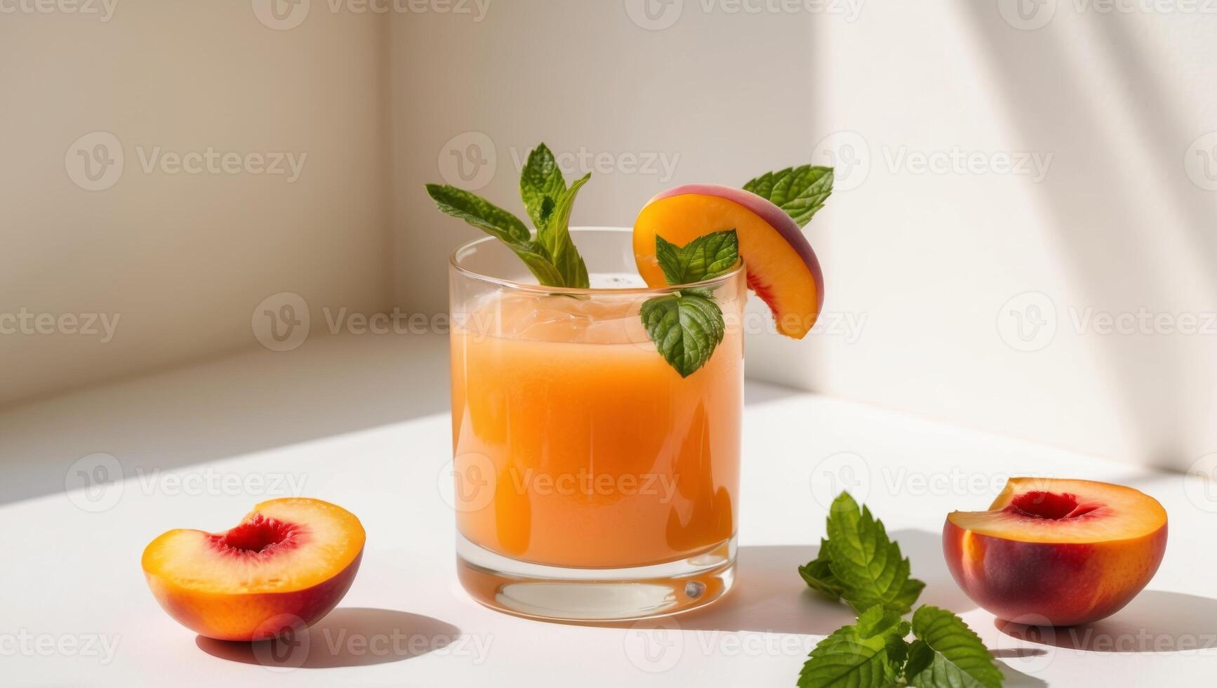 A glass of peach juice with mint leaves photo