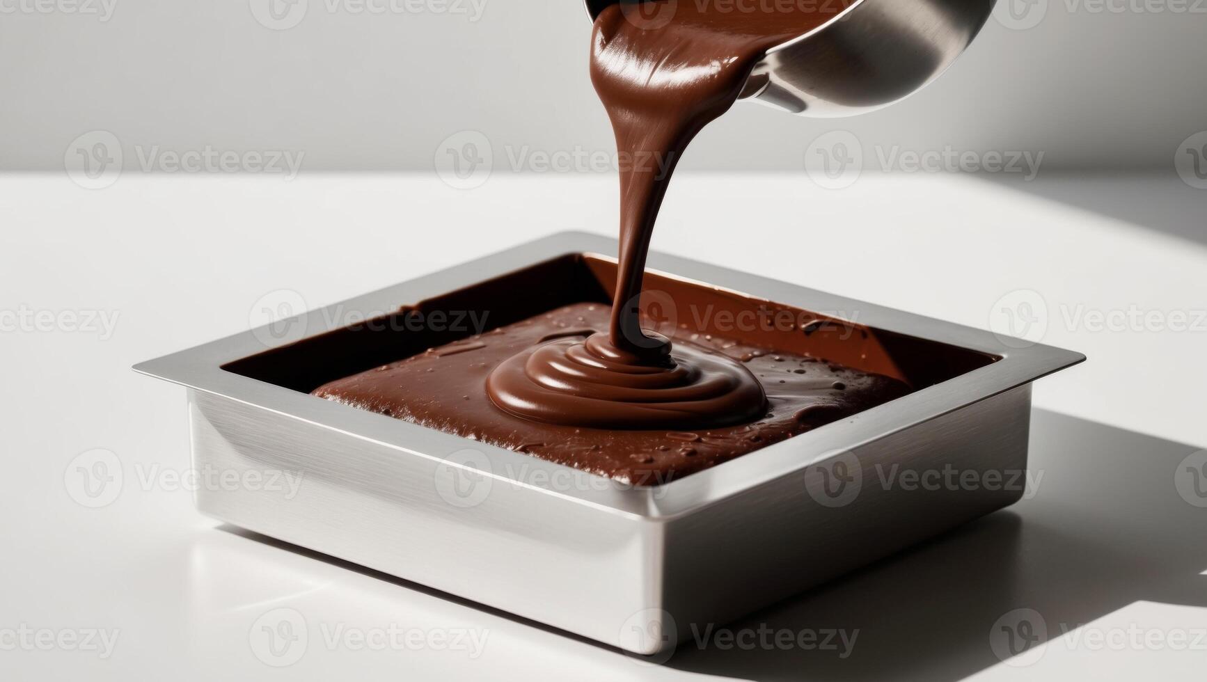 A person pouring chocolate into a square container photo